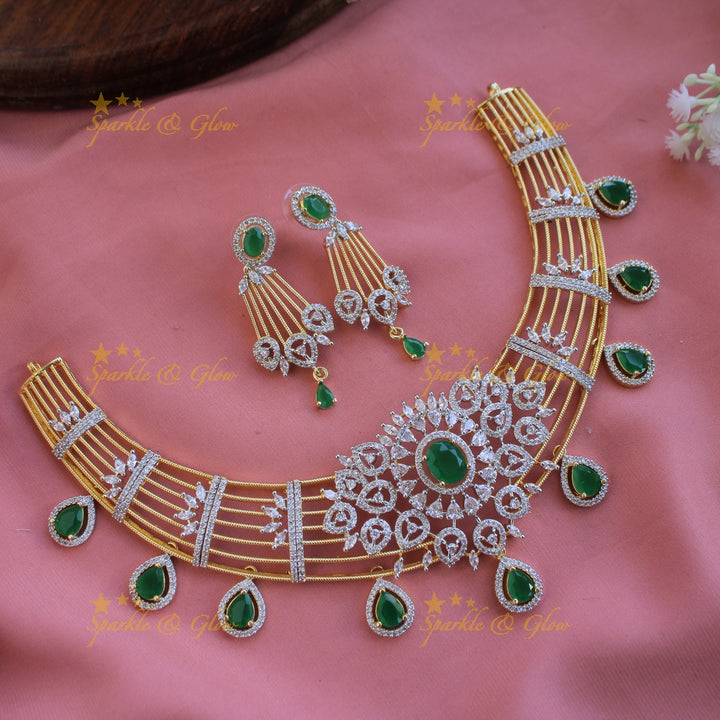 Beautiful Flower design American diamond Short necklace with Green stone