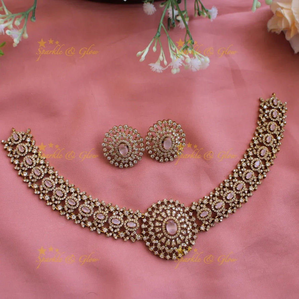 Grand intricate flower American diamond Short necklace with baby pink stone - Sparkle and Glow