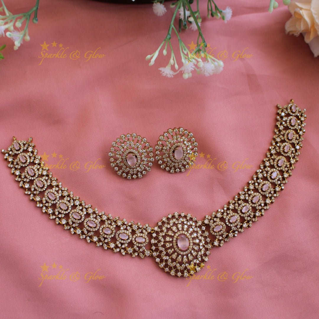 Grand intricate flower American diamond Short necklace with baby pink stone - Sparkle and Glow - Baby pink - Back Thread