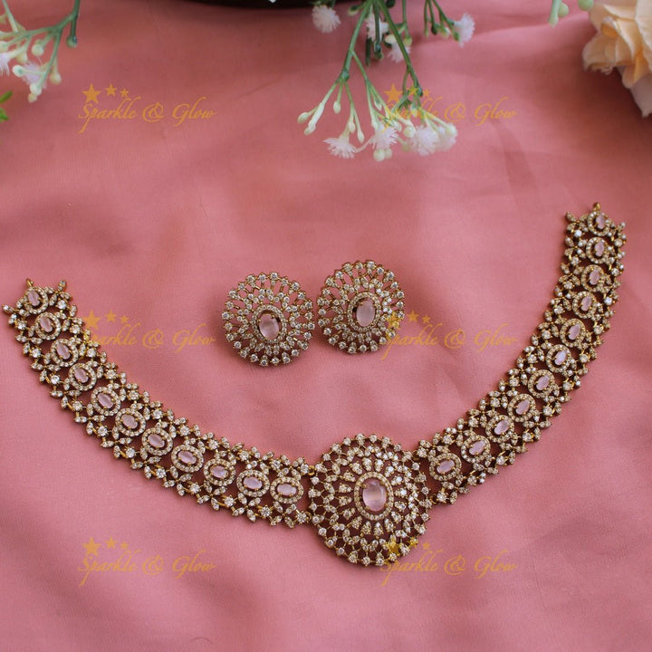 Grand intricate flower American diamond Short necklace with baby pink stone - Sparkle and Glow - Baby pink - Back Thread