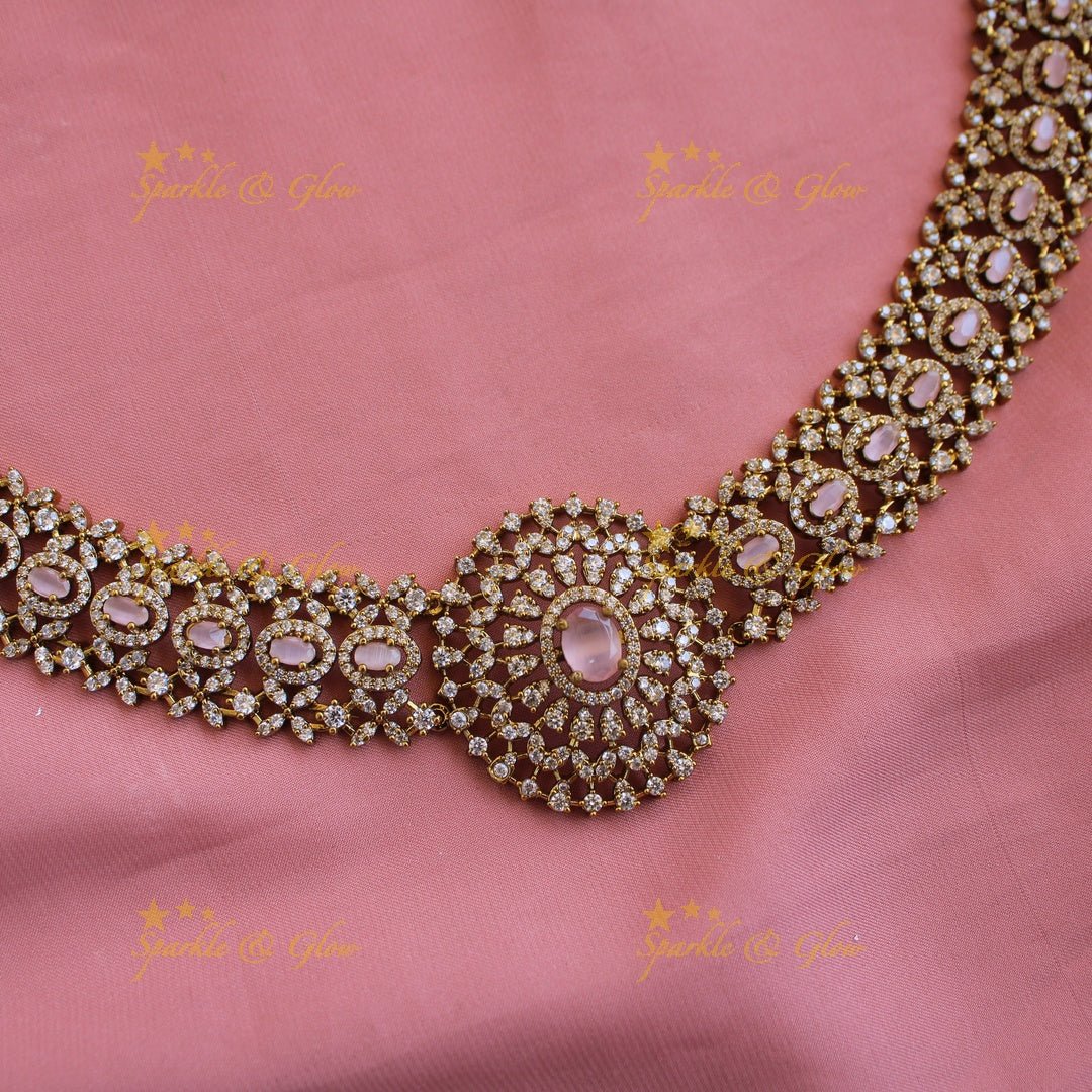 Grand intricate flower American diamond Short necklace with baby pink stone - Sparkle and Glow - Mint Green - Back Thread
