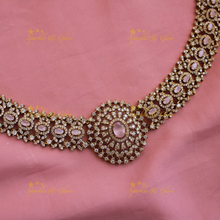 Grand intricate flower American diamond Short necklace with baby pink stone - Sparkle and Glow - Mint Green - Back Thread