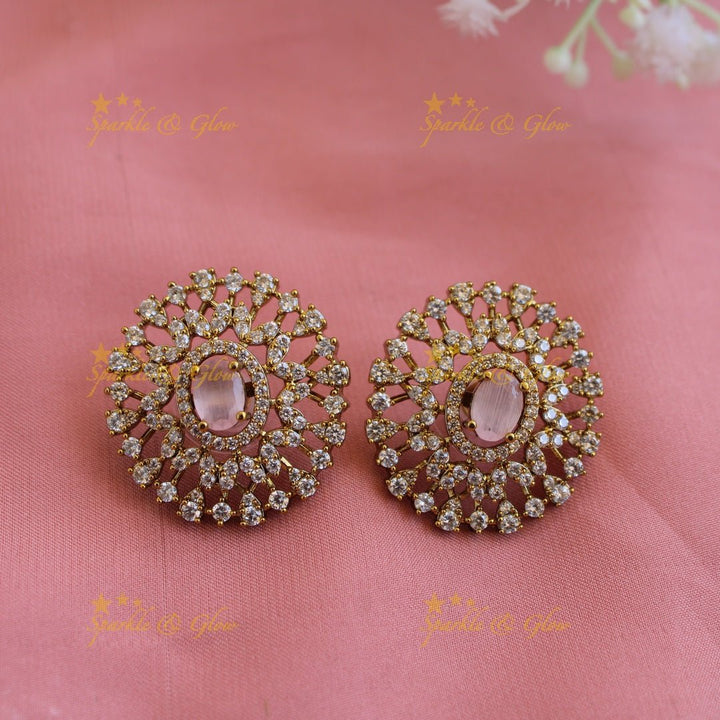Grand intricate flower American diamond Short necklace with baby pink stone - Sparkle and Glow - Baby pink - Back Thread