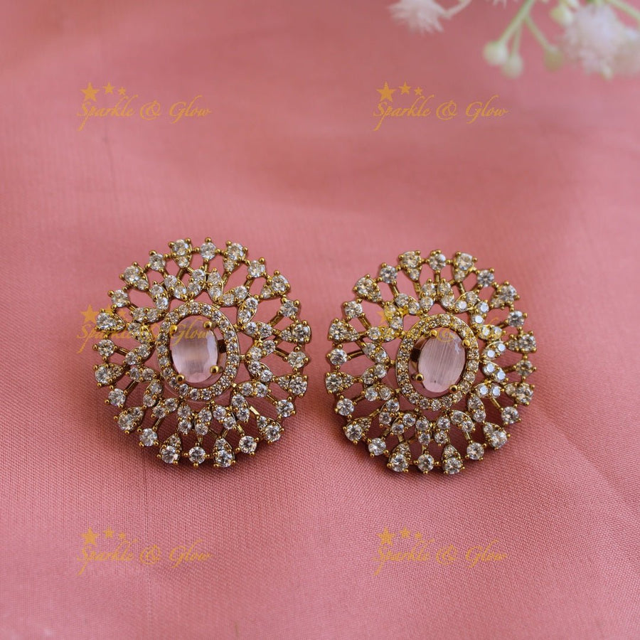 Grand intricate flower American diamond Short necklace with baby pink stone - Sparkle and Glow - Baby pink - Back Thread