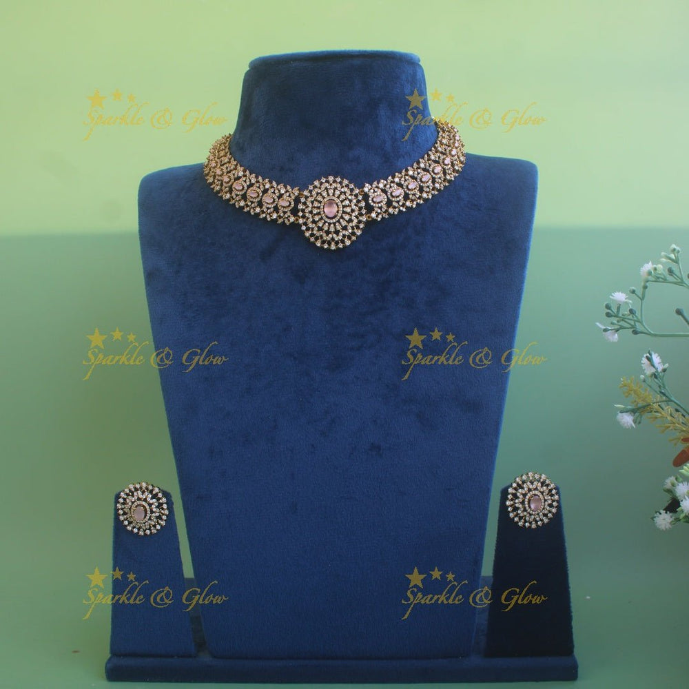 Grand intricate flower American diamond Short necklace with baby pink stone - Sparkle and Glow - Baby pink - Back Thread
