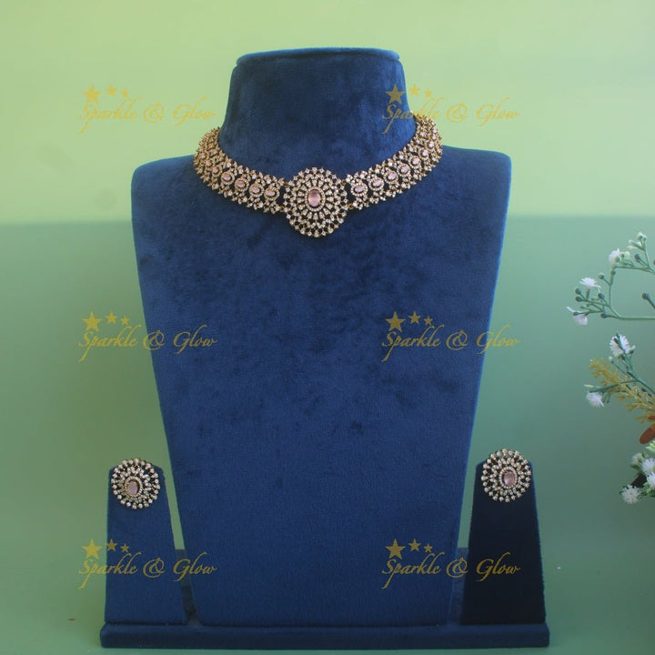 Grand intricate flower American diamond Short necklace with baby pink stone - Sparkle and Glow - Baby pink - Back Thread