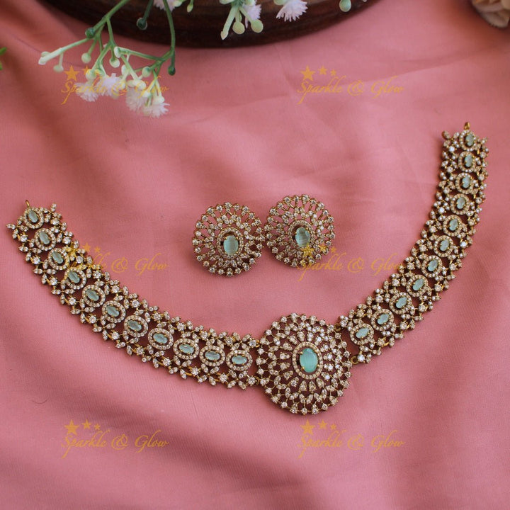 Grand intricate flower American diamond Short necklace with baby pink stone - Sparkle and Glow - Baby pink - Back Thread