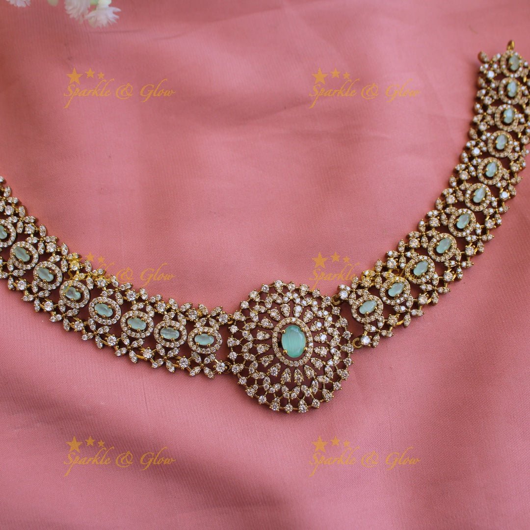Grand intricate flower American diamond Short necklace with baby pink stone - Sparkle and Glow - Baby pink - Back Thread