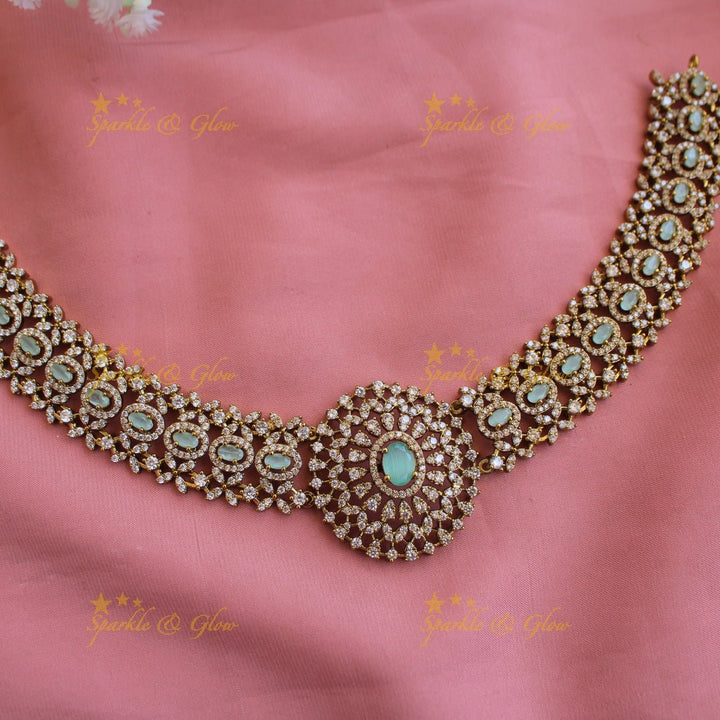 Grand intricate flower American diamond Short necklace with baby pink stone - Sparkle and Glow - Baby pink - Back Thread
