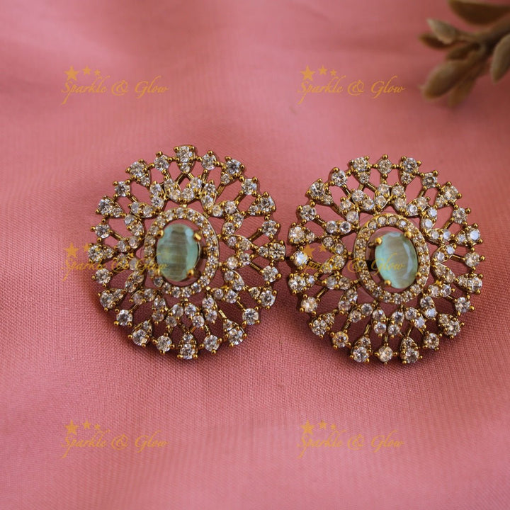 Grand intricate flower American diamond Short necklace with baby pink stone - Sparkle and Glow - Mint Green - Back Thread