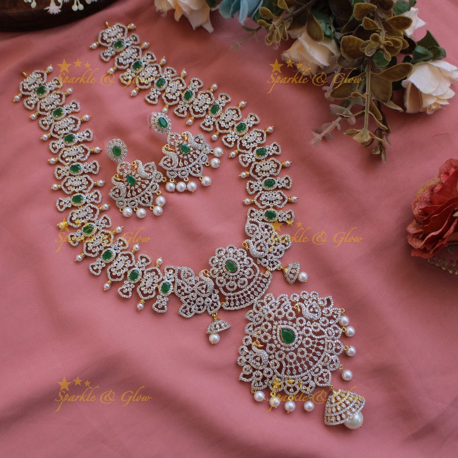 Grand intricate floral peacock American diamond long necklace with pink stones and pearls - Sparkle and Glow - Green - Back Thread