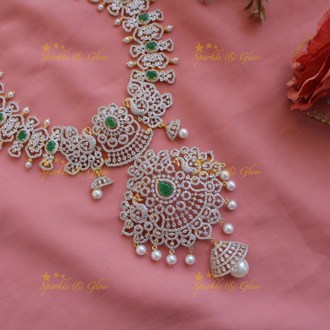 Grand intricate floral peacock American diamond long necklace with pink stones and pearls - Sparkle and Glow - Green - Back Thread