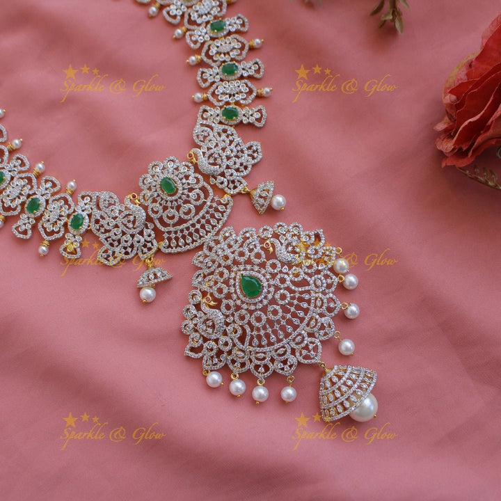 Grand intricate floral peacock American diamond long necklace with pink stones and pearls - Sparkle and Glow - Green - Back Thread
