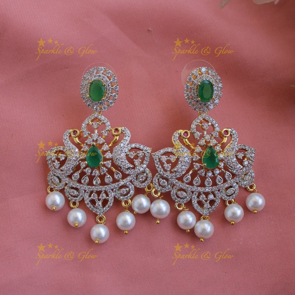 Grand intricate floral peacock American diamond long necklace with pink stones and pearls - Sparkle and Glow - Green - Back Thread