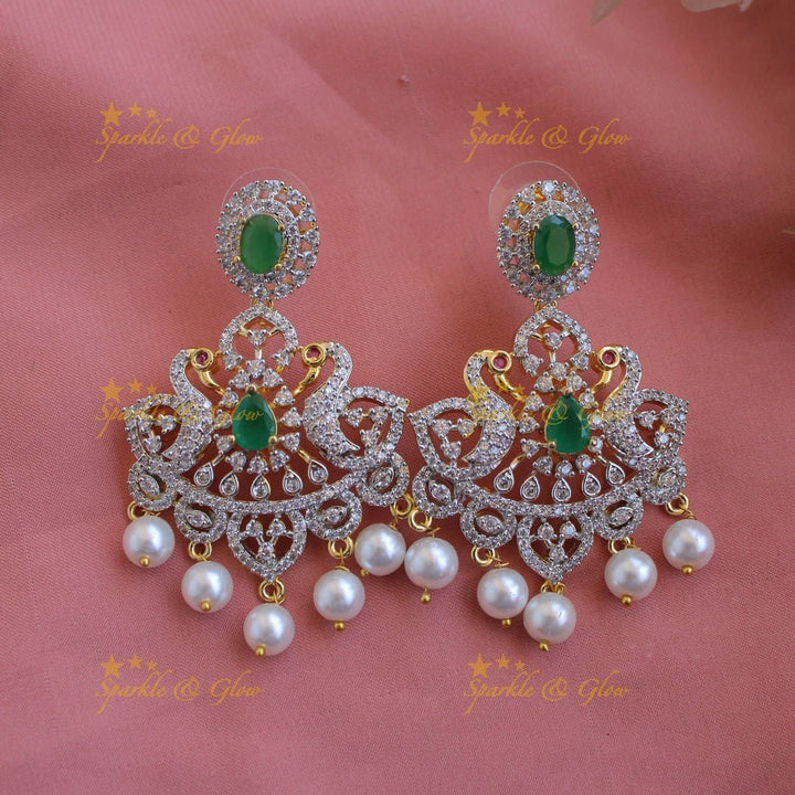 Grand intricate floral peacock American diamond long necklace with pink stones and pearls - Sparkle and Glow - Green - Back Thread