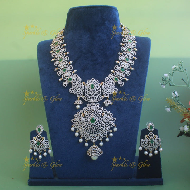 Grand intricate floral peacock American diamond long necklace with pink stones and pearls - Sparkle and Glow - Pink - Back Thread