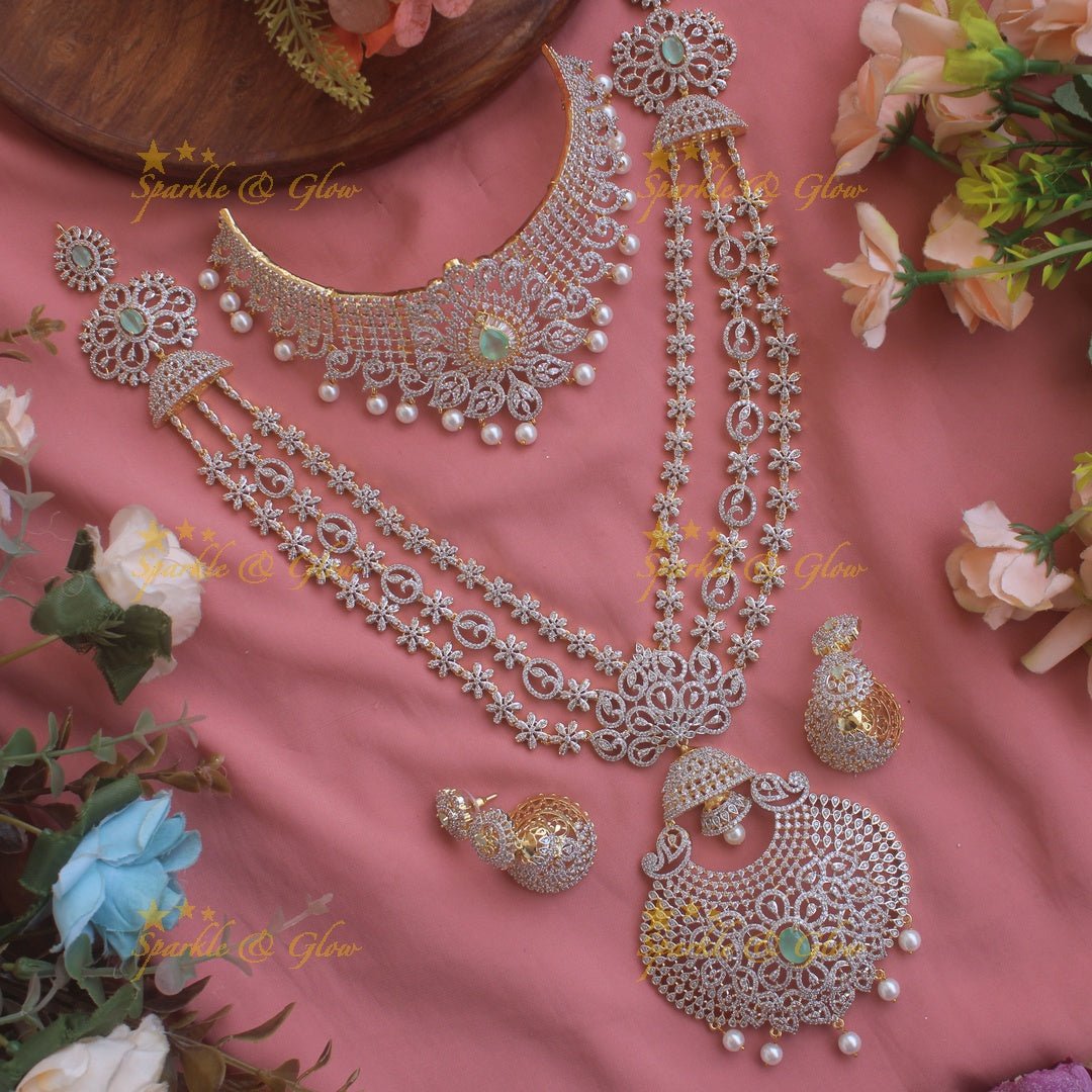 Grand Floral layer haram and choker American diamond necklace set with mint green stone and pearl drops - Sparkle and Glow - Pink - Back Thread