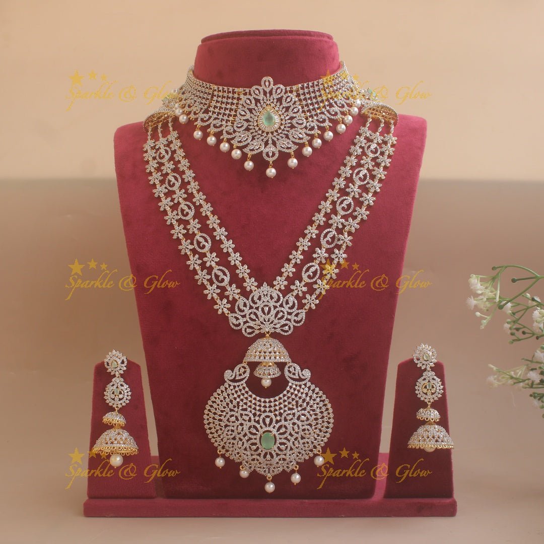 Grand Floral layer haram and choker American diamond necklace set with mint green stone and pearl drops - Sparkle and Glow - Mint green - Back Thread