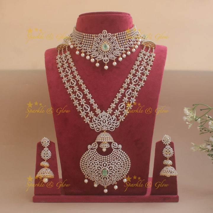 Grand Floral layer haram and choker American diamond necklace set with mint green stone and pearl drops - Sparkle and Glow - Mint green - Back Thread