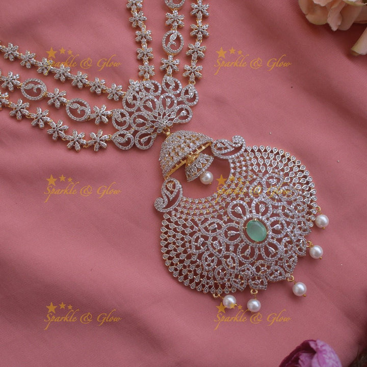 Grand Floral layer haram and choker American diamond necklace set with mint green stone and pearl drops - Sparkle and Glow - Mint green - Back Thread
