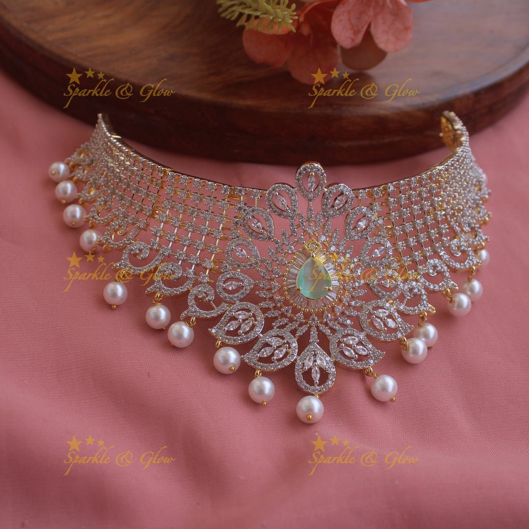 Grand Floral layer haram and choker American diamond necklace set with mint green stone and pearl drops - Sparkle and Glow - Mint green - Back Thread