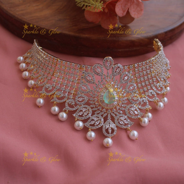 Grand Floral layer haram and choker American diamond necklace set with mint green stone and pearl drops - Sparkle and Glow - Mint green - Back Thread