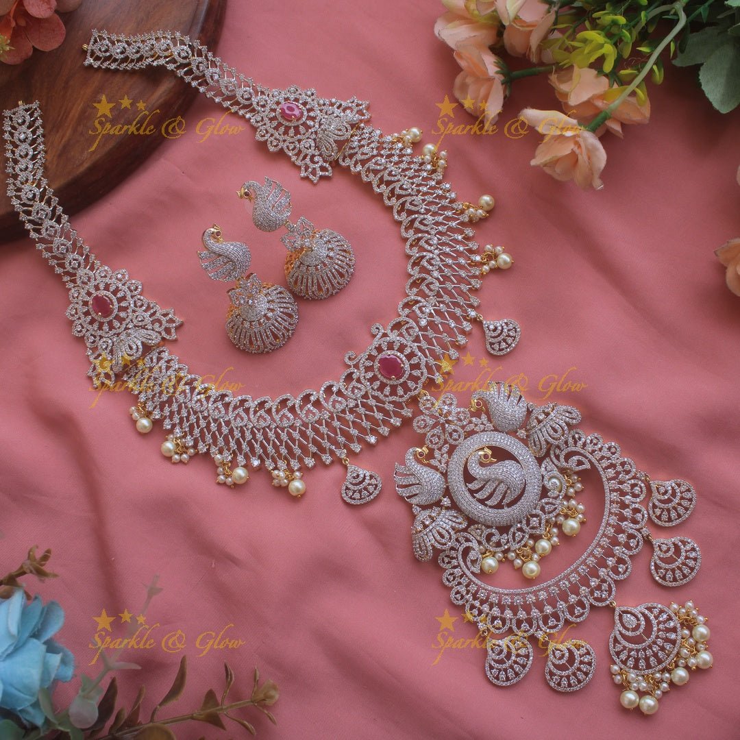 Sparkling exclusive Floral peacock American diamond long necklace with pink stones - Sparkle and Glow - Green - Back Thread