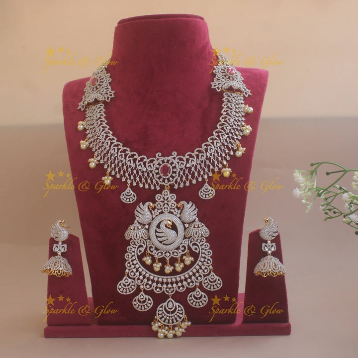 Sparkling exclusive Floral peacock American diamond long necklace with pink stones - Sparkle and Glow - Green - Back Thread