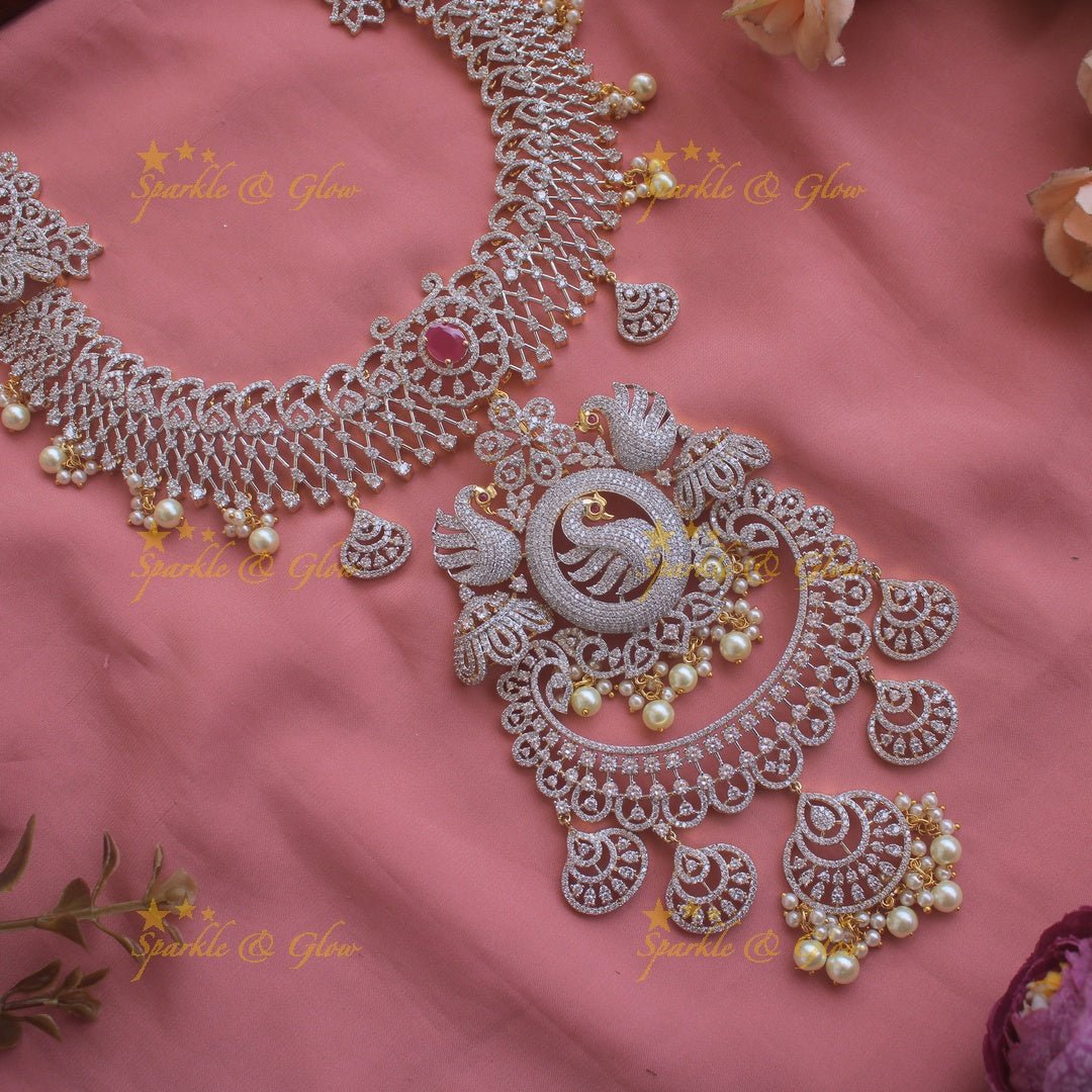 Sparkling exclusive Floral peacock American diamond long necklace with pink stones - Sparkle and Glow - Pink - Back Thread