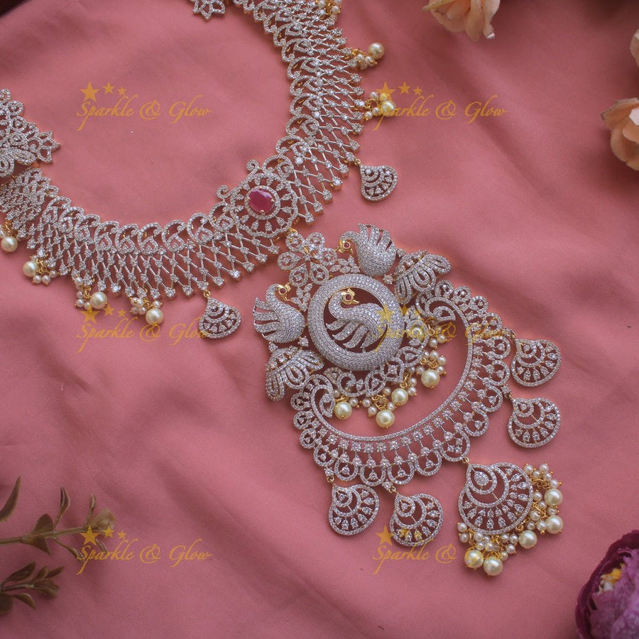 Sparkling exclusive Floral peacock American diamond long necklace with pink stones - Sparkle and Glow - Pink - Back Thread