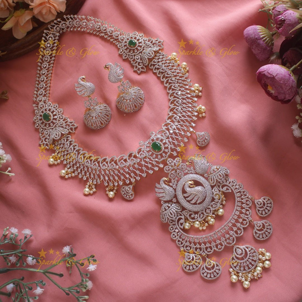 Sparkling exclusive Floral peacock American diamond long necklace with pink stones - Sparkle and Glow - Pink - Back Thread