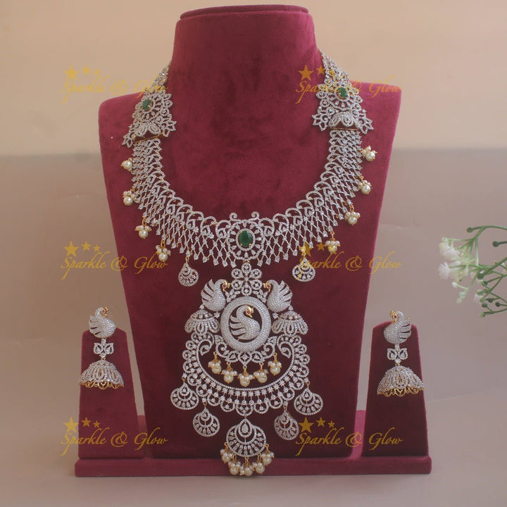 Sparkling exclusive Floral peacock American diamond long necklace with pink stones - Sparkle and Glow - Green - Back Thread