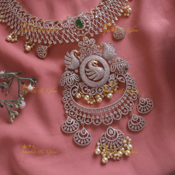Sparkling exclusive Floral peacock American diamond long necklace with pink stones - Sparkle and Glow - Green - Back Thread