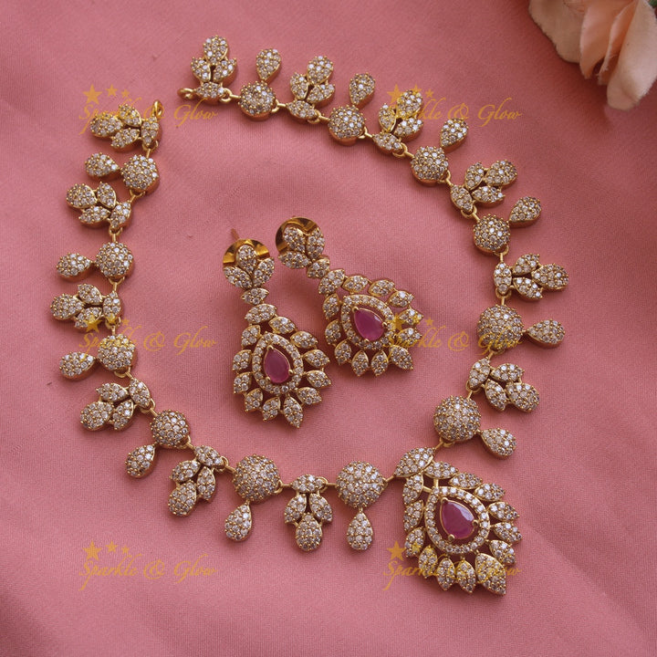 Beautiful Floral leaflet design AD short necklace with stone - mint green