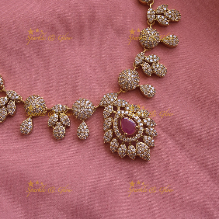 Beautiful Floral leaflet design AD short necklace with stone - mint green
