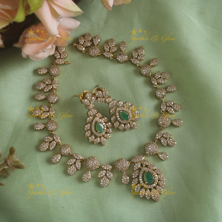 Beautiful Floral leaflet design AD short necklace with stone - mint green
