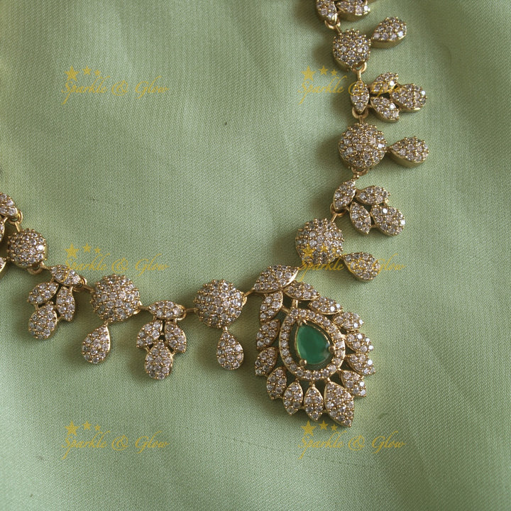 Beautiful Floral leaflet design AD short necklace with stone - mint green