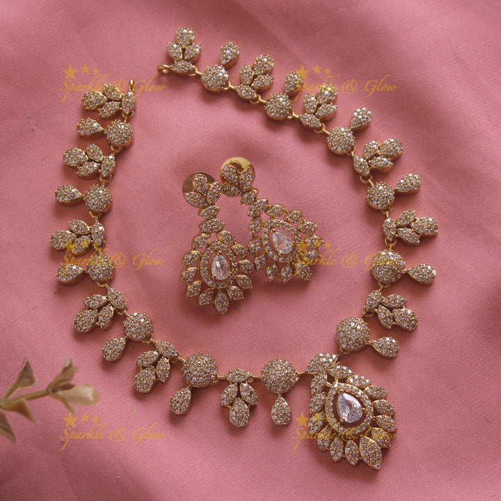 Beautiful Floral leaflet design AD short necklace with stone - mint green