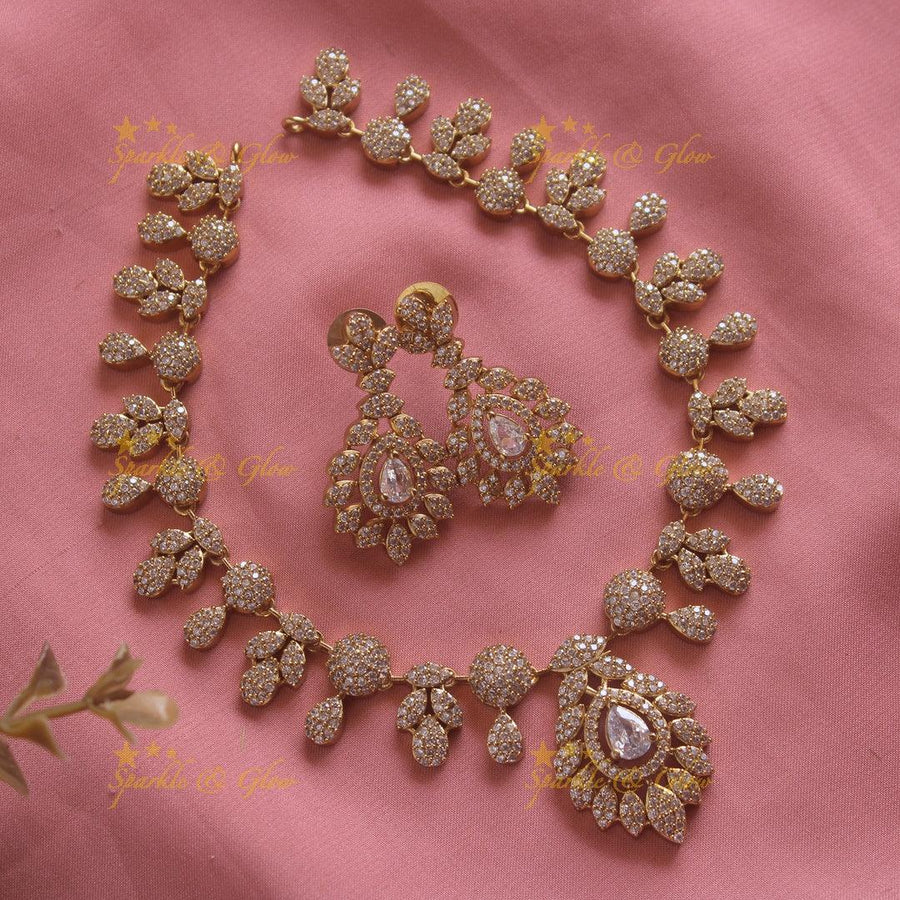 Beautiful Floral leaflet design AD short necklace with stone - mint green - Sparkle and Glow