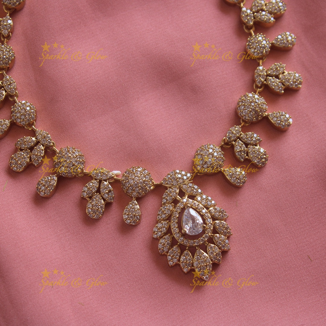 Beautiful Floral leaflet design AD short necklace with stone - mint green