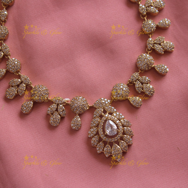 Beautiful Floral leaflet design AD short necklace with stone - mint green