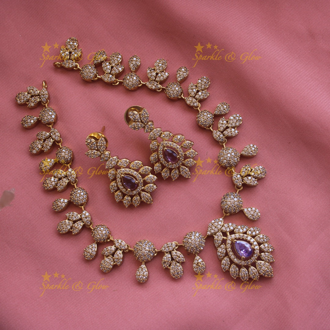 Beautiful Floral leaflet design AD short necklace with stone - mint green