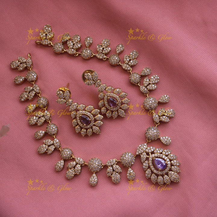 Beautiful Floral leaflet design AD short necklace with stone - mint green