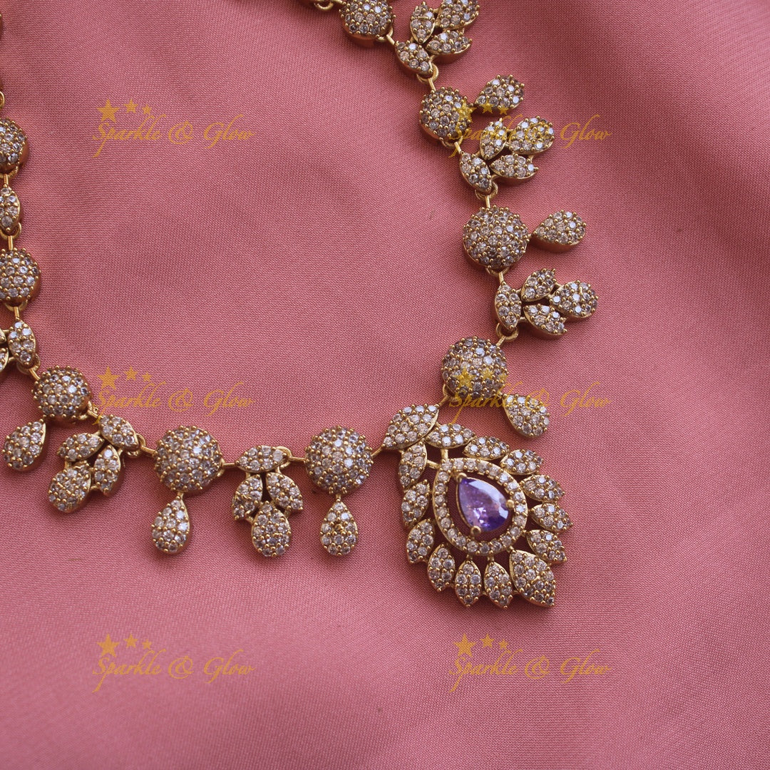 Beautiful Floral leaflet design AD short necklace with stone - mint green