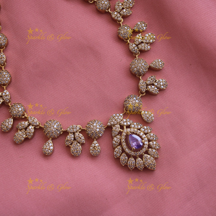 Beautiful Floral leaflet design AD short necklace with stone - mint green