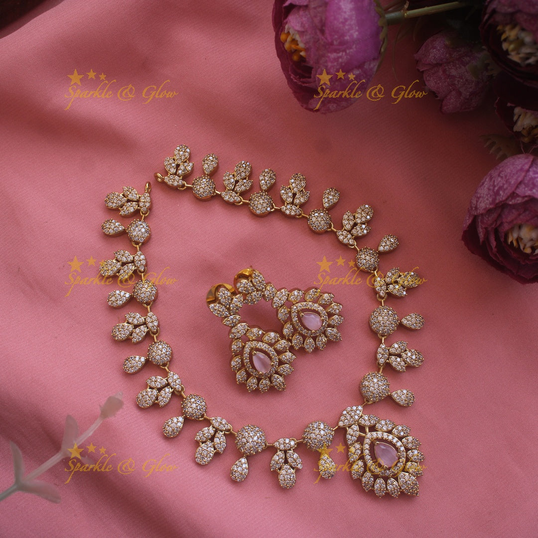 Beautiful Floral leaflet design AD short necklace with stone - mint green
