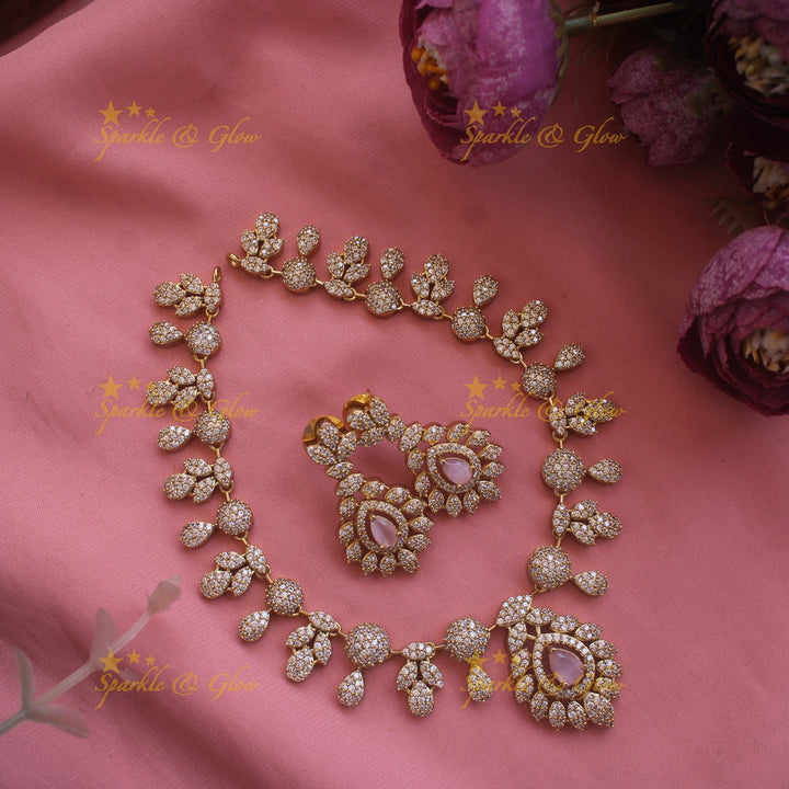 Beautiful Floral leaflet design AD short necklace with stone - mint green