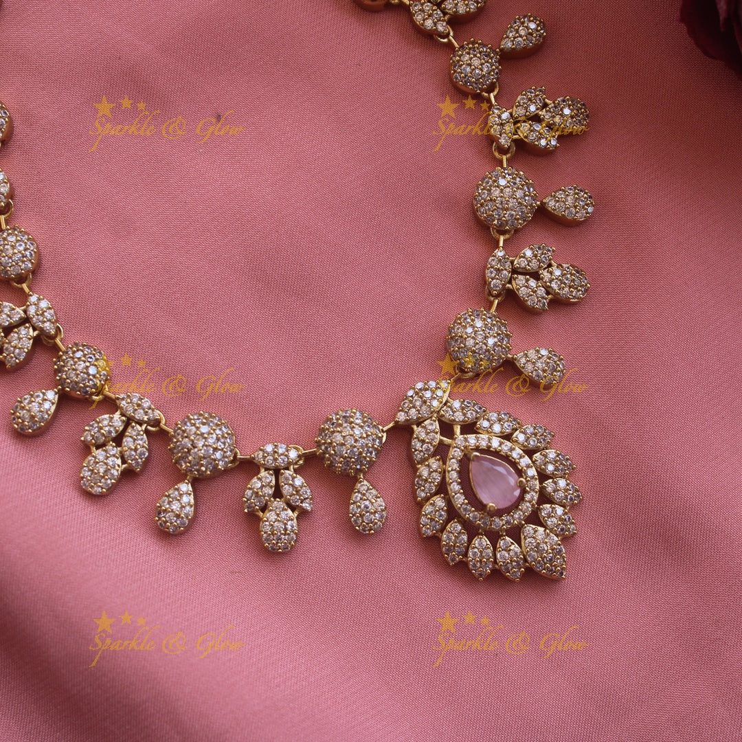 Beautiful Floral leaflet design AD short necklace with stone - mint green