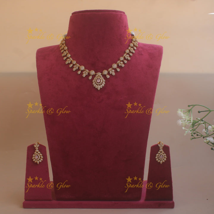 Beautiful Floral leaflet design AD short necklace with stone - mint green