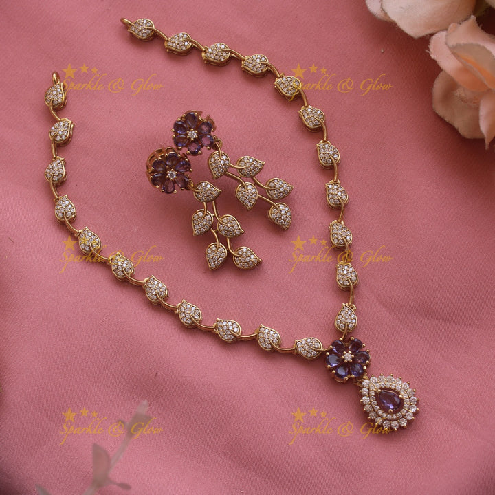 Flower pendant leaf design AD short necklace with purple stones